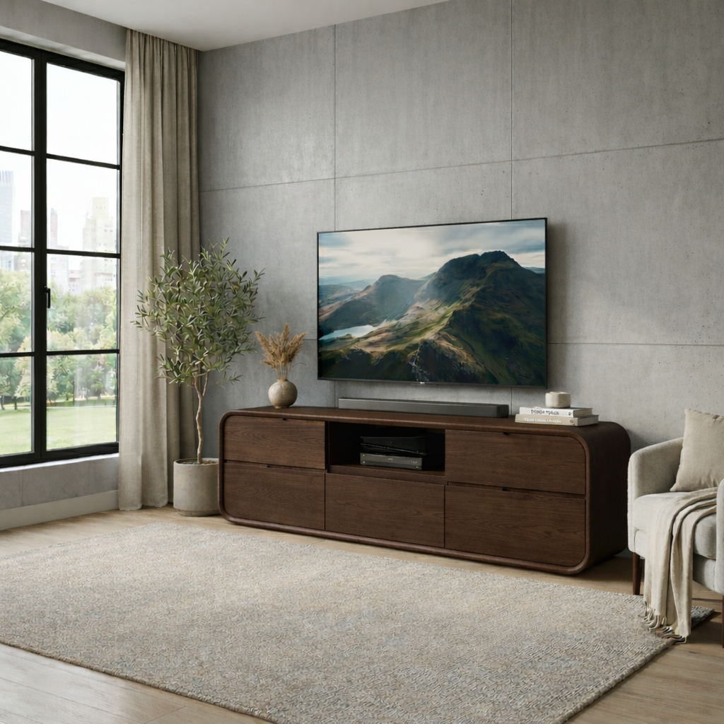 Solid Wood TV Stand with Drawers and Open Shelf – Modern Rounded Media Console Kitchnce