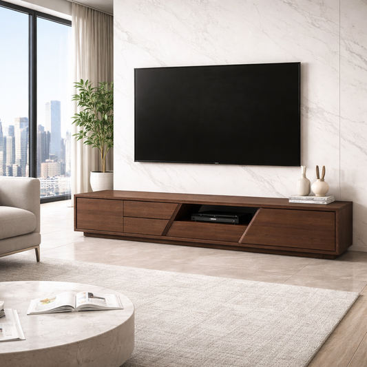 Extra Long Solid Wood TV Stand with Angled Open Shelf – Modern Low Profile Media Console Kitchnce