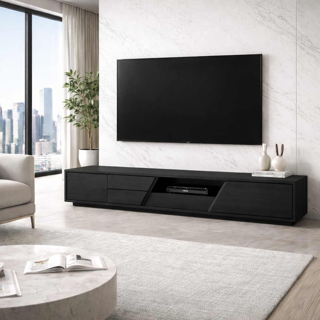 Extra Long Solid Wood TV Stand with Angled Open Shelf – Modern Low Profile Media Console Kitchnce