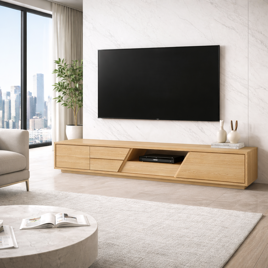 Extra Long Solid Wood TV Stand with Angled Open Shelf – Modern Low Profile Media Console Kitchnce