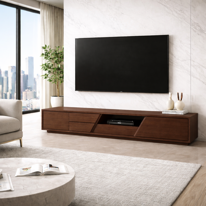 Extra Long Solid Wood TV Stand with Angled Open Shelf – Modern Low Profile Media Console Kitchnce
