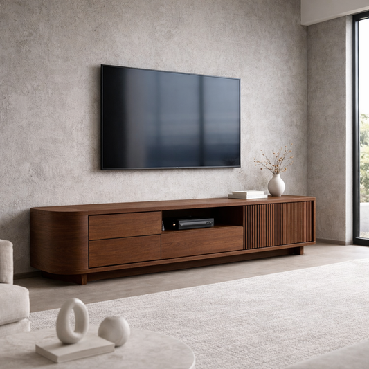 Solid Wood TV Stand with Slatted Door and Drawers – Modern Extra Long Media Console Kitchnce