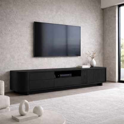 Solid Wood TV Stand with Slatted Door and Drawers – Modern Extra Long Media Console Kitchnce