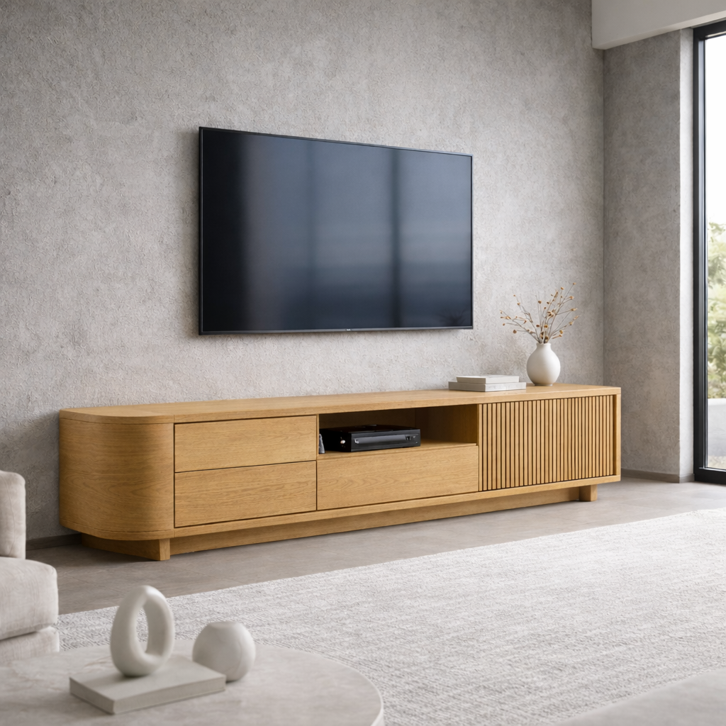 Solid Wood TV Stand with Slatted Door and Drawers – Modern Extra Long Media Console Kitchnce