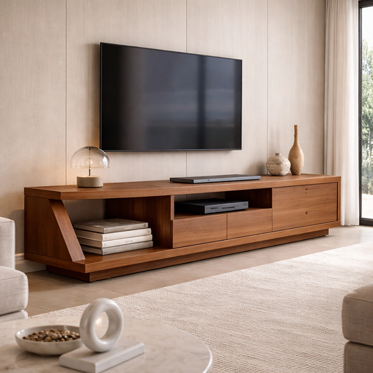 Solid Wood TV Stand with Angled Side Panel and Open Shelf – Modern Long Media Console Kitchnce