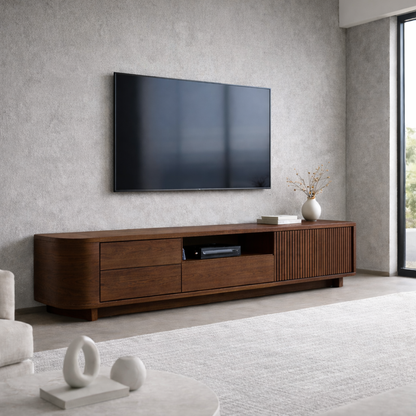 Solid Wood TV Stand with Slatted Door and Drawers – Modern Extra Long Media Console Kitchnce