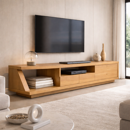 Solid Wood TV Stand with Angled Side Panel and Open Shelf – Modern Long Media Console Kitchnce