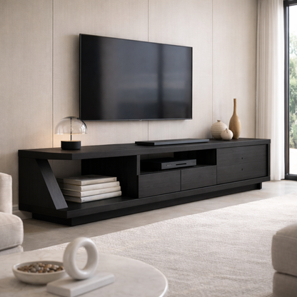 Solid Wood TV Stand with Angled Side Panel and Open Shelf – Modern Long Media Console Kitchnce