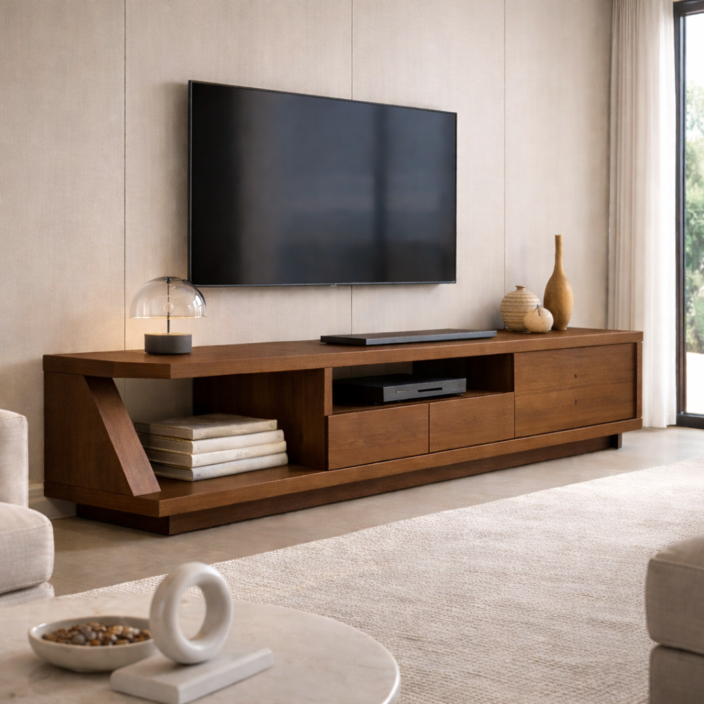 Solid Wood TV Stand with Angled Side Panel and Open Shelf – Modern Long Media Console Kitchnce