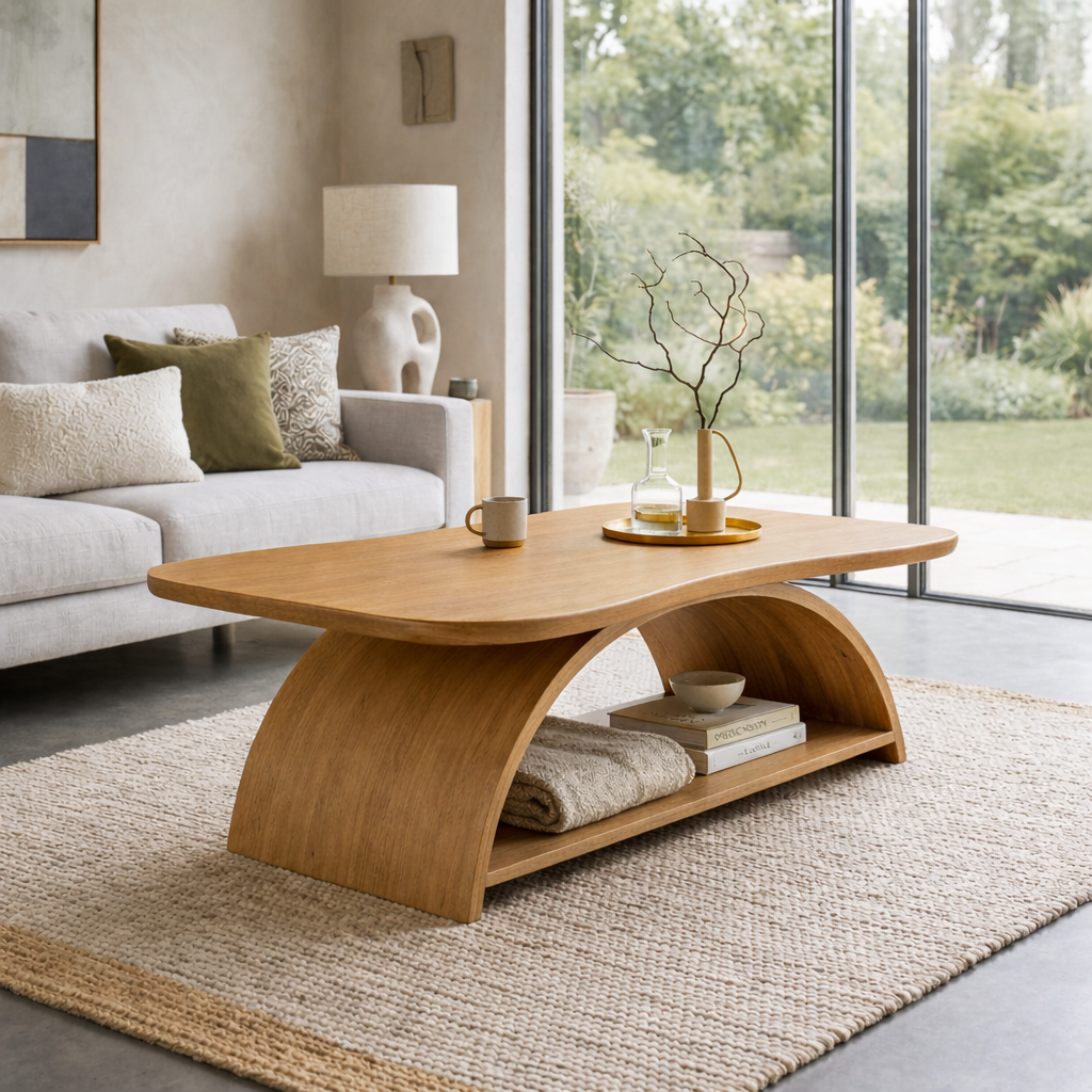 Curved Solid Wood Coffee Table with Open Shelf – Modern Sculptural Design Kitchnce