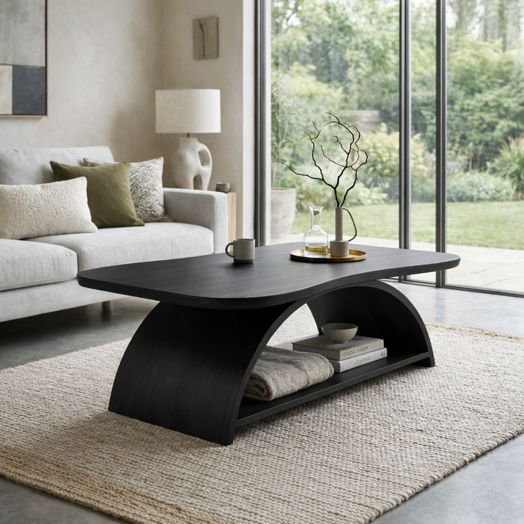 Curved Solid Wood Coffee Table with Open Shelf – Modern Sculptural Design Kitchnce