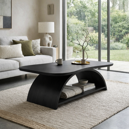 Curved Solid Wood Coffee Table with Open Shelf – Modern Sculptural Design Kitchnce