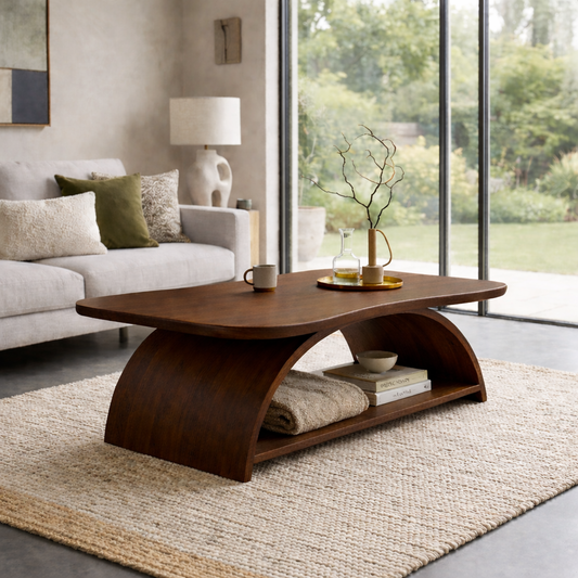 Curved Solid Wood Coffee Table with Open Shelf – Modern Sculptural Design Kitchnce
