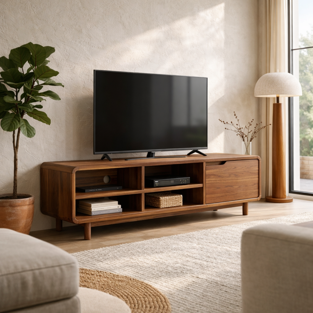 Solid Wood TV Stand with Open Shelves and Sliding Door – Mid-Century Modern Media Console Kitchnce