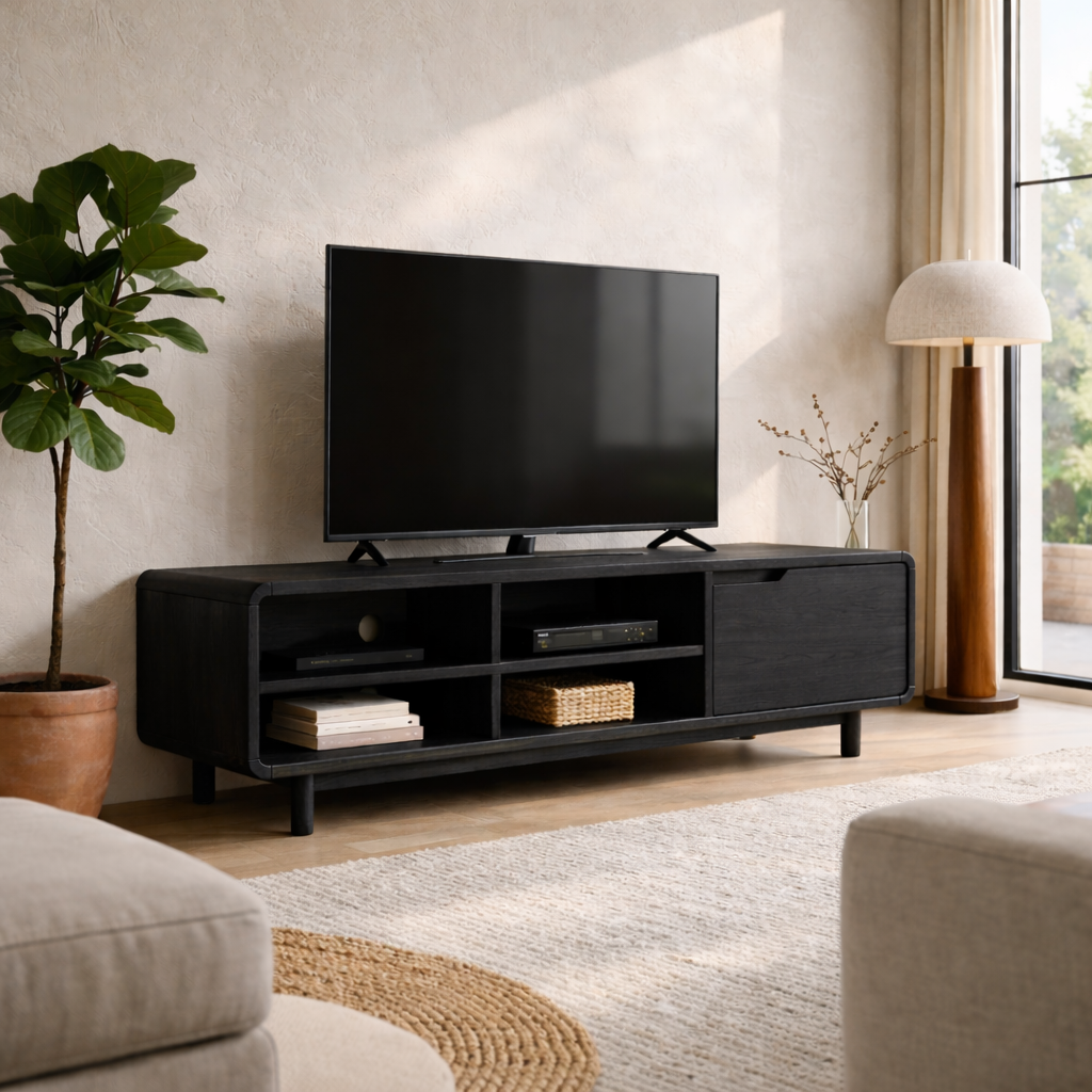 Solid Wood TV Stand with Open Shelves and Sliding Door – Mid-Century Modern Media Console Kitchnce
