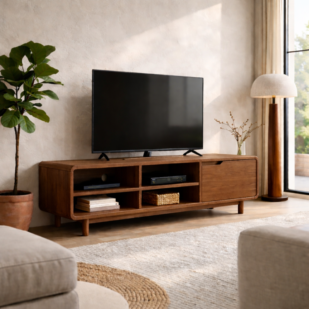 Solid Wood TV Stand with Open Shelves and Sliding Door – Mid-Century Modern Media Console Kitchnce