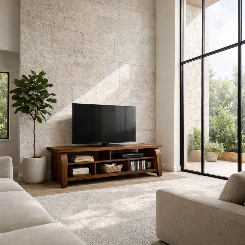 Solid Wood TV Stand with Curved Side Panels – Modern Open Shelf Media Console