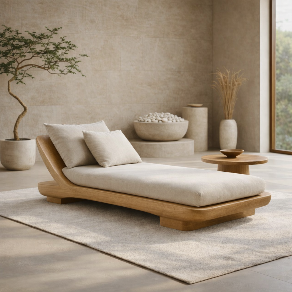 Solid Wood Daybed with Curved Frame – Modern Minimalist Lounge Chaise Kitchnce