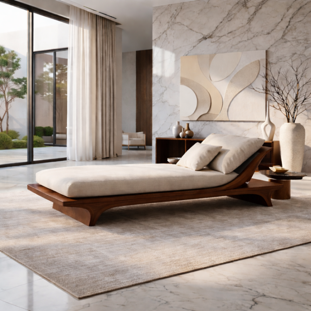 Modern Solid Wood Daybed Frame with Curved Backrest – Minimalist Wooden Lounge Bed Kitchnce