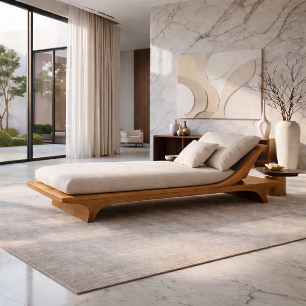 Modern Solid Wood Daybed Frame with Curved Backrest – Minimalist Wooden Lounge Bed Kitchnce