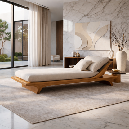 Modern Solid Wood Daybed Frame with Curved Backrest – Minimalist Wooden Lounge Bed Kitchnce