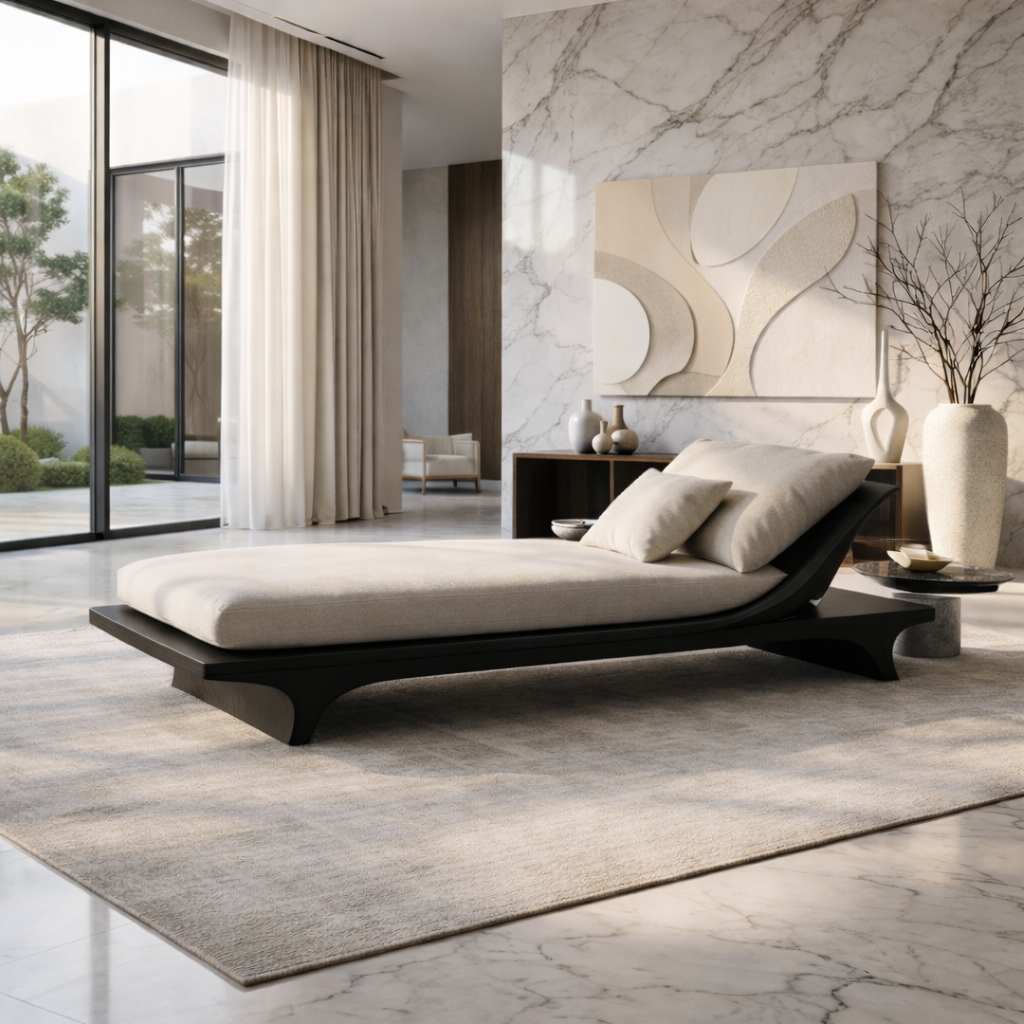 Modern Solid Wood Daybed Frame with Curved Backrest – Minimalist Wooden Lounge Bed Kitchnce