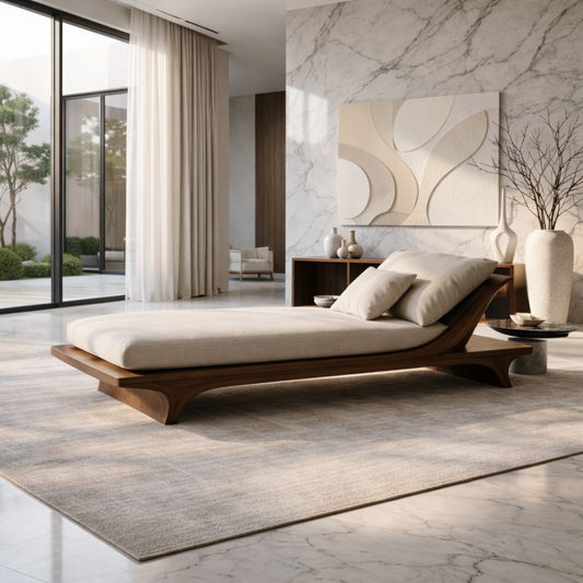 Modern Solid Wood Daybed Frame with Curved Backrest – Minimalist Wooden Lounge Bed Kitchnce