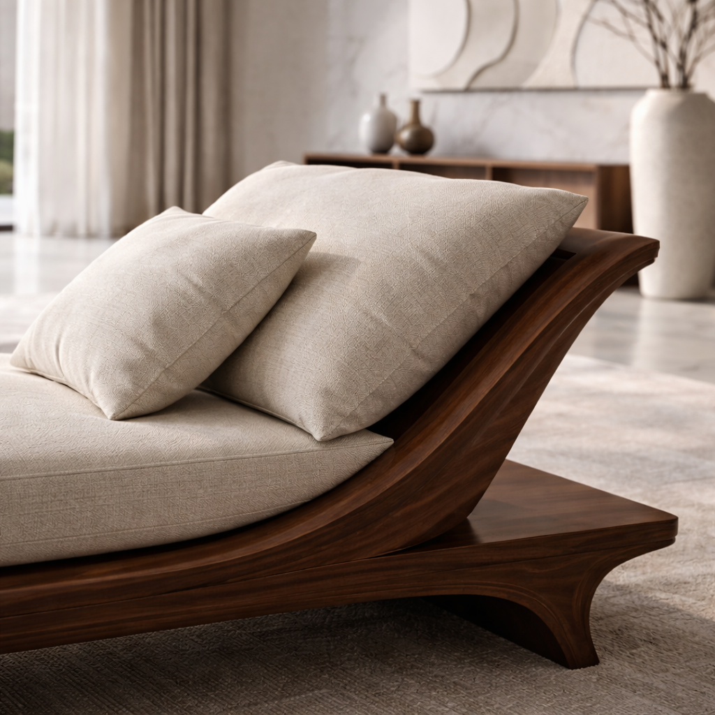 Modern Solid Wood Daybed Frame with Curved Backrest – Minimalist Wooden Lounge Bed Kitchnce