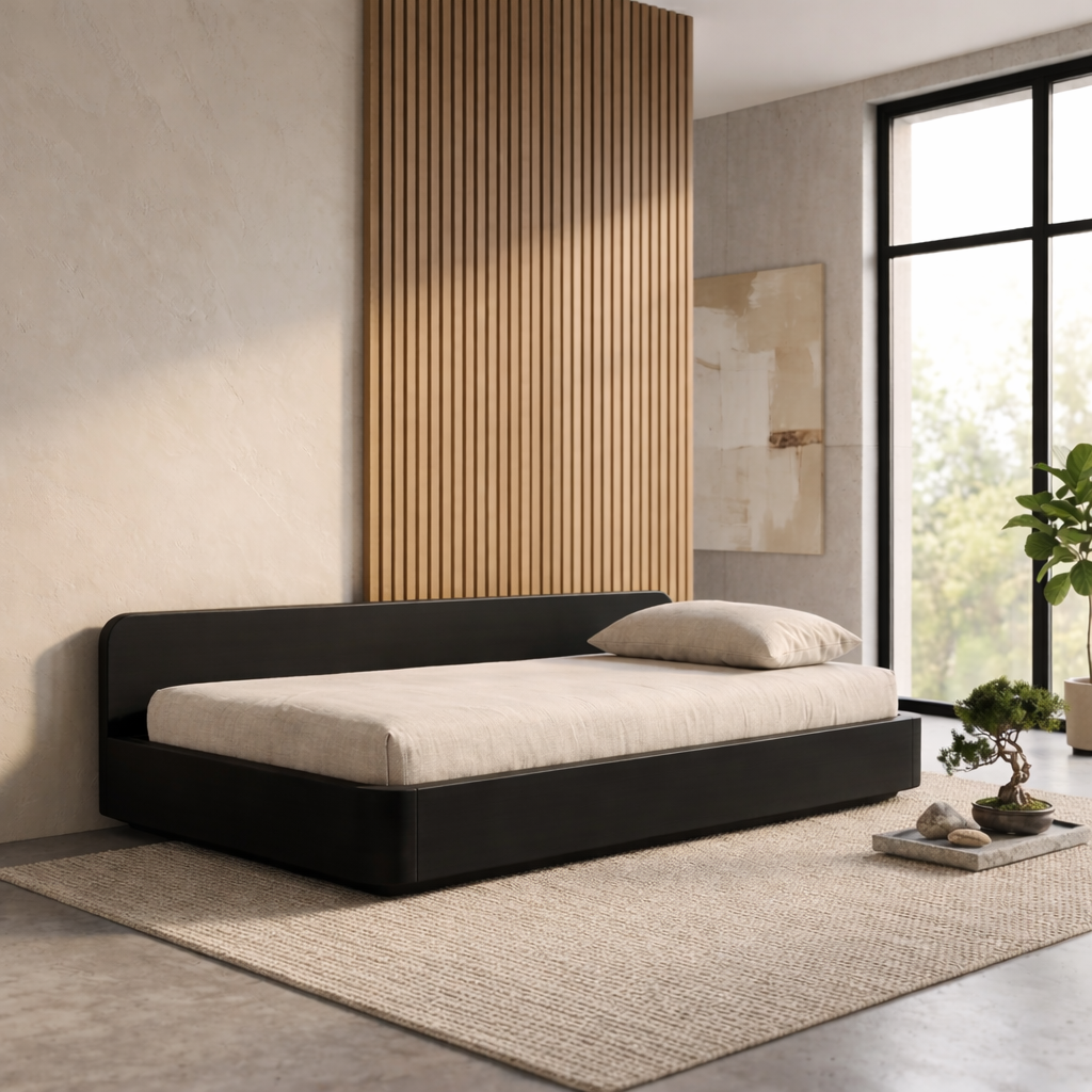 Solid Wood Daybed Frame with Backrest – Modern Minimalist Platform Lounge Bed Kitchnce