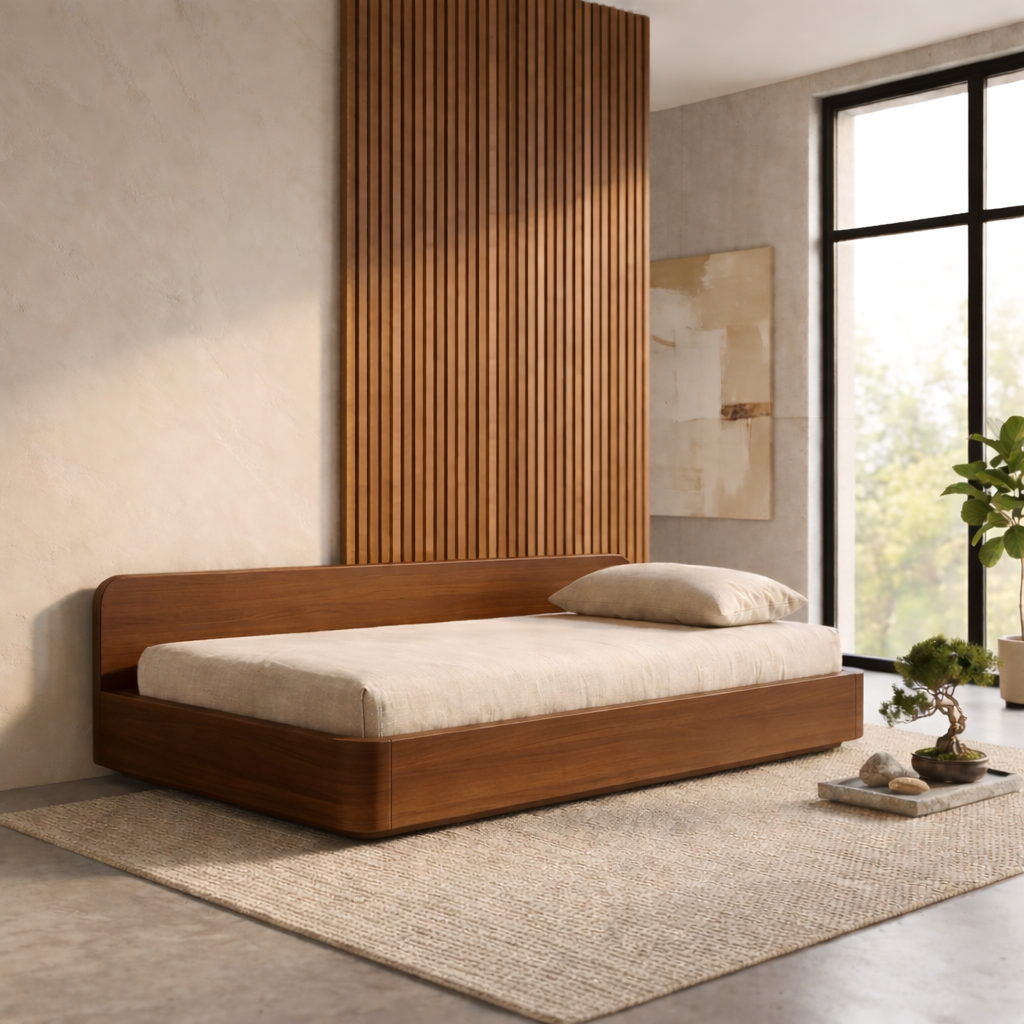 Solid Wood Daybed Frame with Backrest – Modern Minimalist Platform Lounge Bed Kitchnce