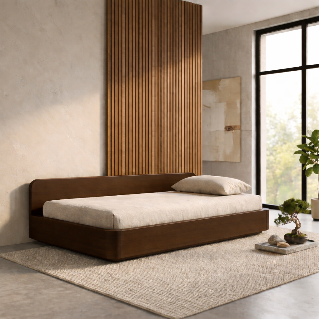 Solid Wood Daybed Frame with Backrest – Modern Minimalist Platform Lounge Bed Kitchnce