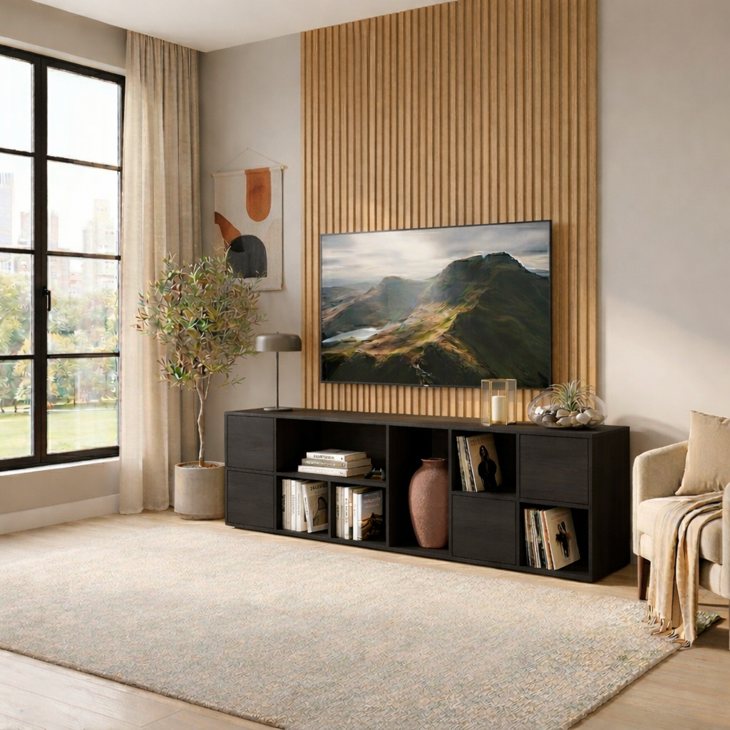 Solid Wood TV Stand with Open Shelves and Drawers – Modern Minimalist Media Console Kitchnce