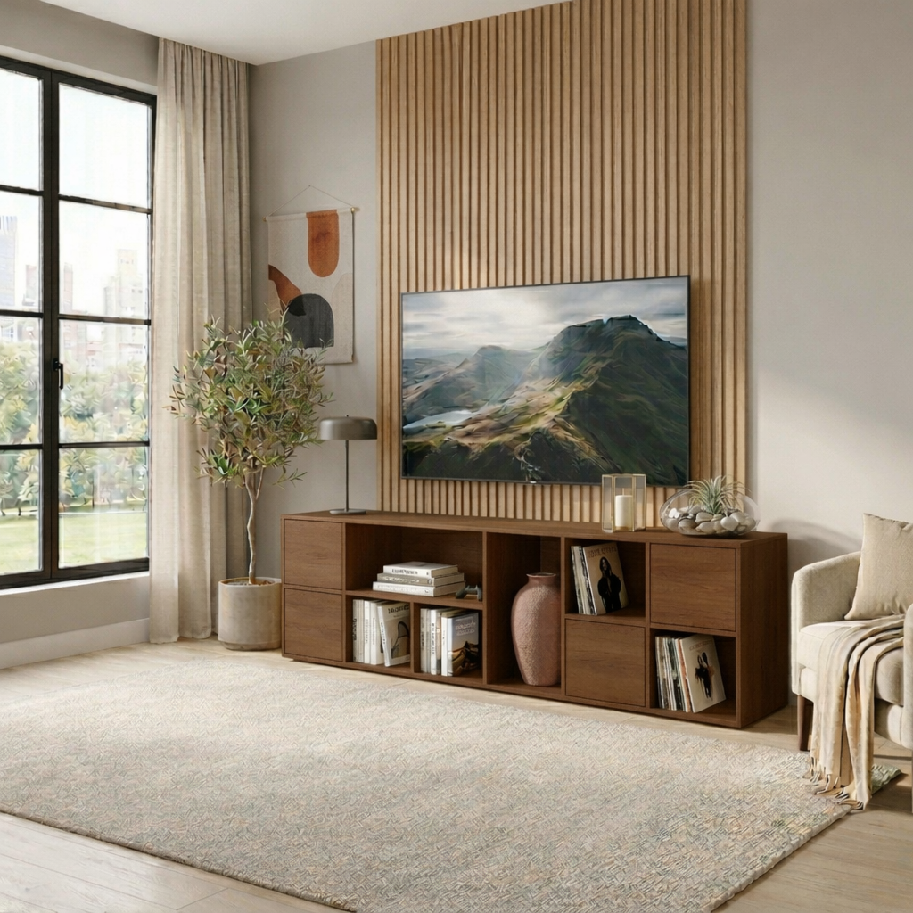 Solid Wood TV Stand with Open Shelves and Drawers – Modern Minimalist Media Console Kitchnce