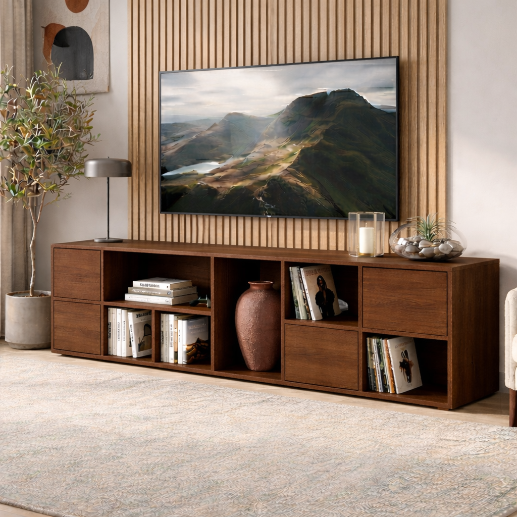 Solid Wood TV Stand with Open Shelves and Drawers – Modern Minimalist Media Console Kitchnce