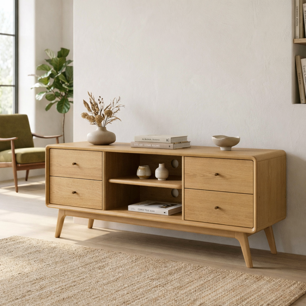 Solid Wood TV Stand with Drawers and Open Shelf – Mid-Century Modern Media Console Kitchnce