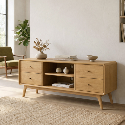 Solid Wood TV Stand with Drawers and Open Shelf – Mid-Century Modern Media Console Kitchnce