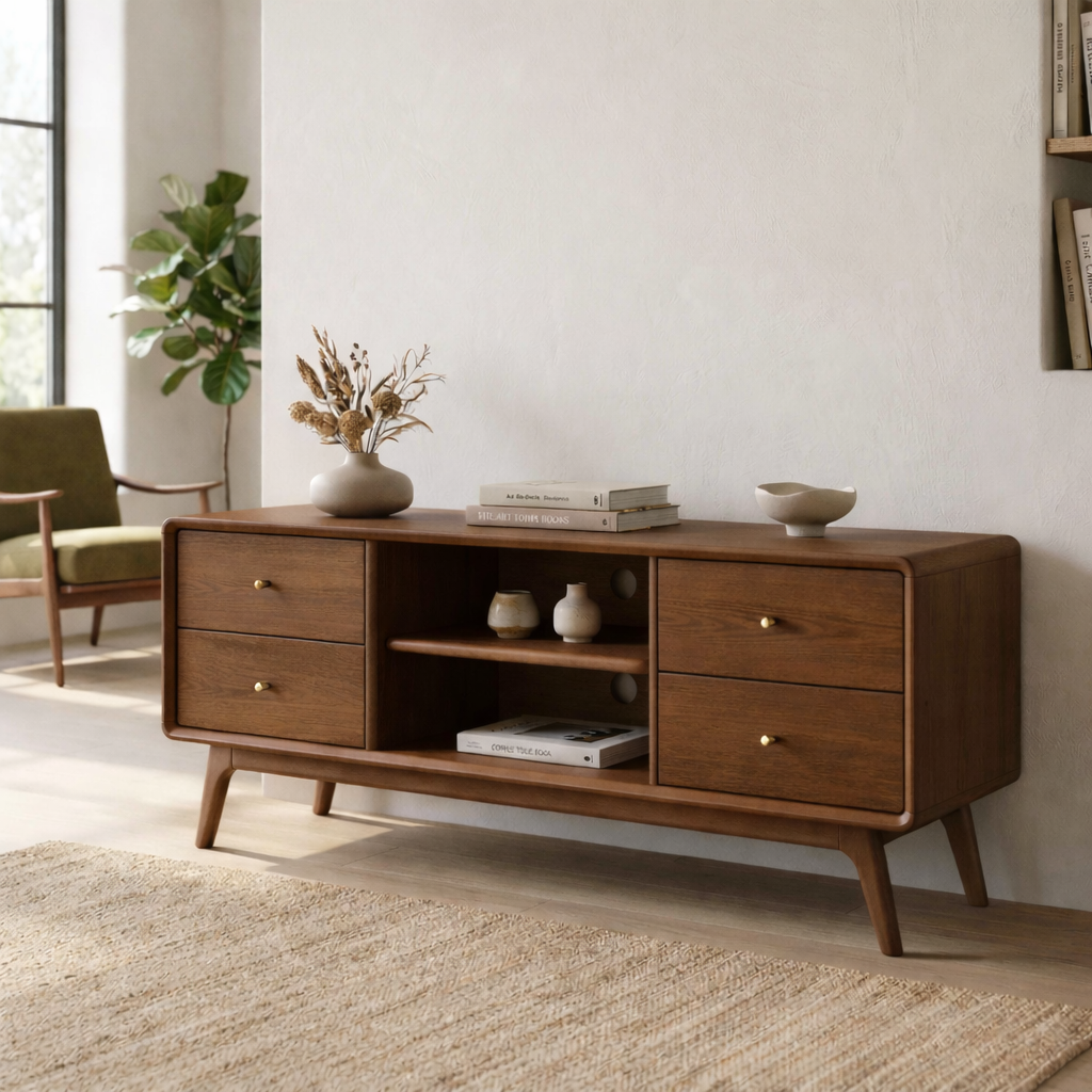 Solid Wood TV Stand with Drawers and Open Shelf – Mid-Century Modern Media Console Kitchnce