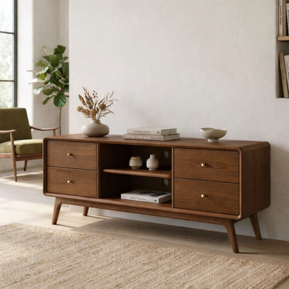Solid Wood TV Stand with Drawers and Open Shelf – Mid-Century Modern Media Console Kitchnce