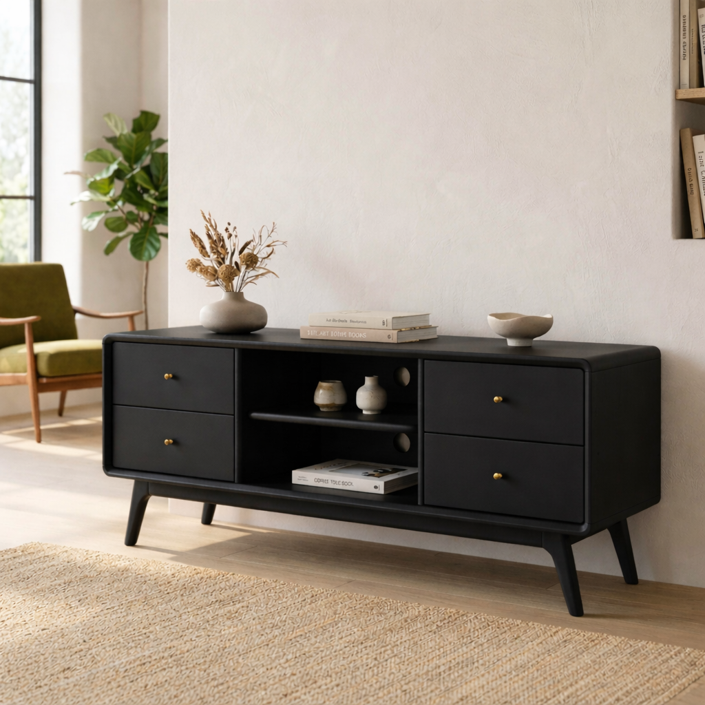 Solid Wood TV Stand with Drawers and Open Shelf – Mid-Century Modern Media Console Kitchnce