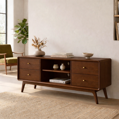 Solid Wood TV Stand with Drawers and Open Shelf – Mid-Century Modern Media Console Kitchnce