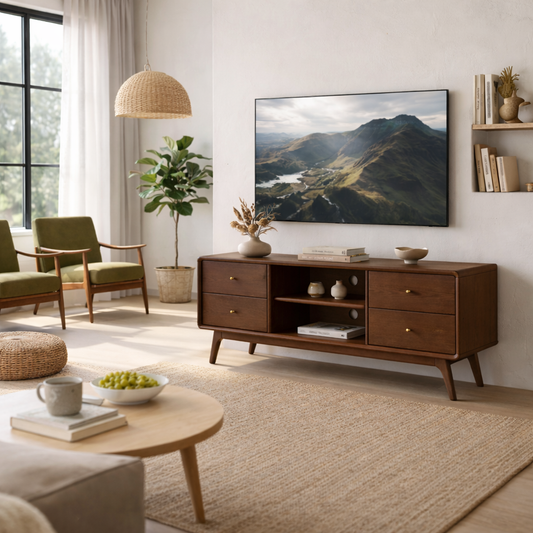 Solid Wood TV Stand with Drawers and Open Shelf – Mid-Century Modern Media Console Kitchnce