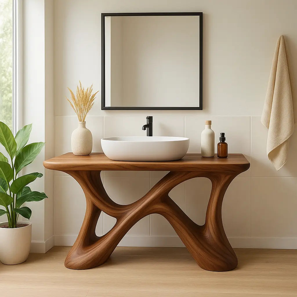 Handcrafted Solid Wood Bathroom Vanity – Sculptural Organic X-Form Base with Modern Artistic Flow Kitchnce