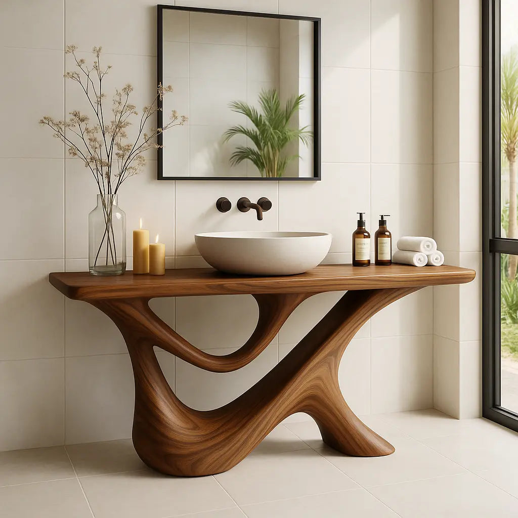 Handcrafted Solid Wood Bathroom Vanity – Sculptural Organic Y-Form Base with Natural Flow Design Kitchnce