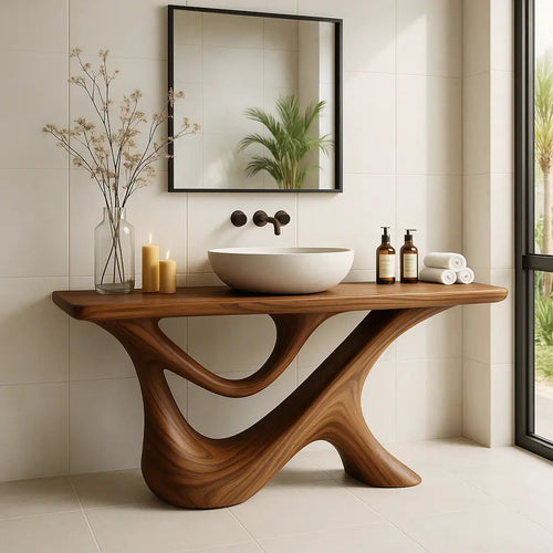 Handcrafted Solid Wood Bathroom Vanity – Sculptural Organic Y-Form Base with Natural Flow Design Kitchnce