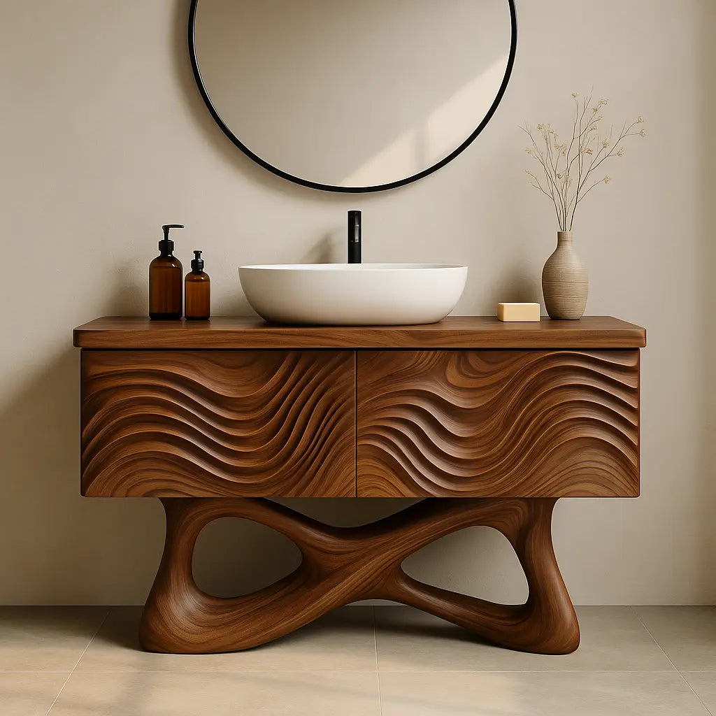 Handcrafted Solid Walnut Bathroom Vanity – Sculptural Wave Front with Organic Twisted Base Design Kitchnce