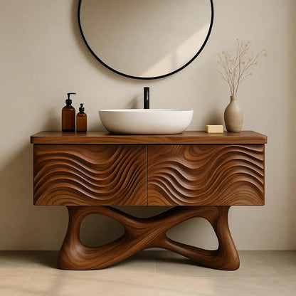 Handcrafted Solid Walnut Bathroom Vanity – Sculptural Wave Front with Organic Twisted Base Design Kitchnce
