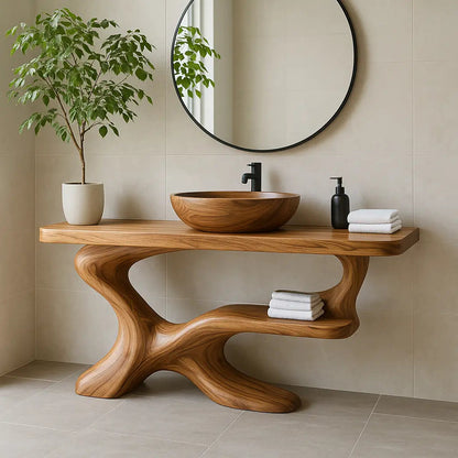Handcrafted Solid Wood Vanity with Sculptural Flow Design and Contemporary Natural Form Kitchnce