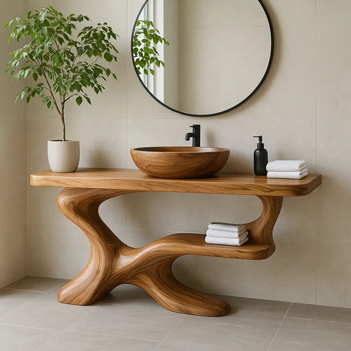 Handcrafted Solid Wood Vanity with Sculptural Flow Design and Contemporary Natural Form Kitchnce
