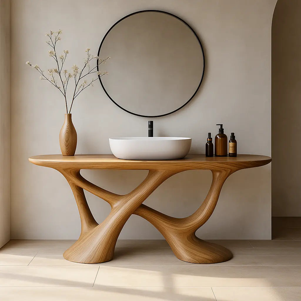 Handcrafted Solid Wood Vanity with Fluid Organic Shape and Modern Sculptural Design Kitchnce