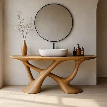 Handcrafted Solid Wood Vanity with Fluid Organic Shape and Modern Sculptural Design Kitchnce